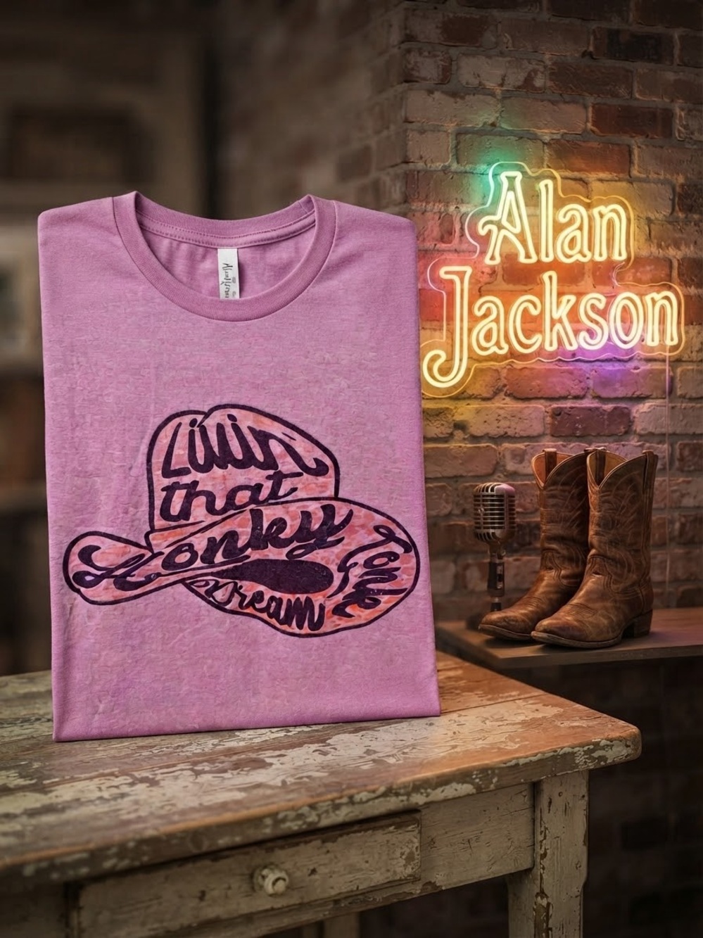 Alan Jackson Gildan Livin' That Honky Tonk Dream Pink Country Graphic Tee Size M
